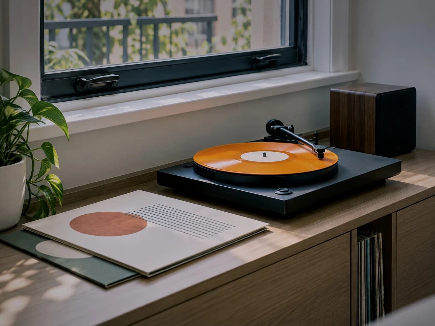 A turntable with an orange record by a sunlit window, after a dark, moody edit